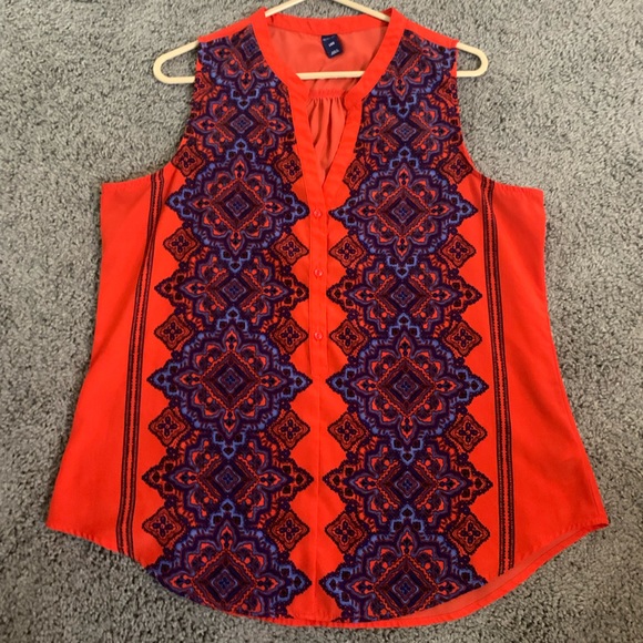 OLD NAVY-Size L-Red Orange Mendala Design Dolphin Cut Tank Top Blouse - Picture 1 of 5